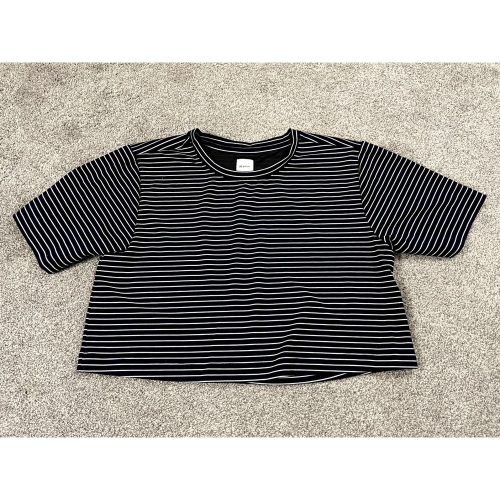 Maeve Shirt Womens Small Black Striped Crop Oversized Anthropologie Slouchy Boxy